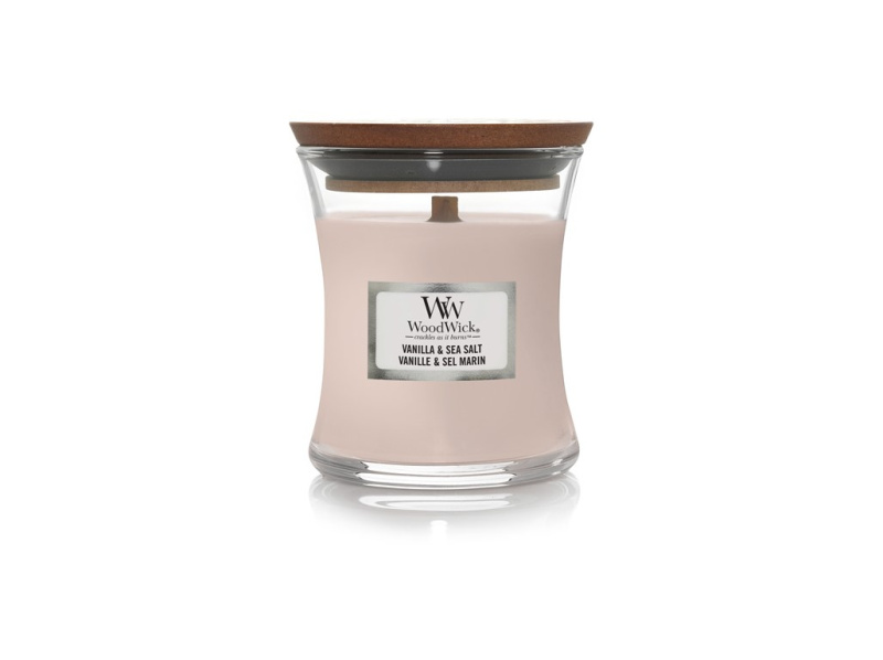 Woodwick Vanilla & Sea Salt vonná svíčka s dřevěným knotem 85 g