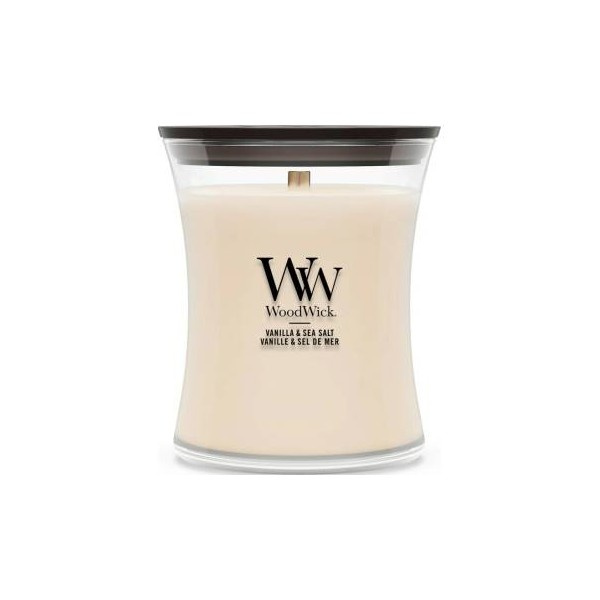 Woodwick Vanilla & Sea Salt vonná svíčka s dřevěným knotem 85 g