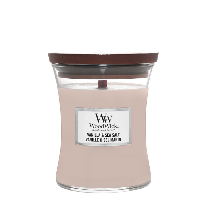 Woodwick Vanilla & Sea Salt vonná svíčka s dřevěným knotem 275 g