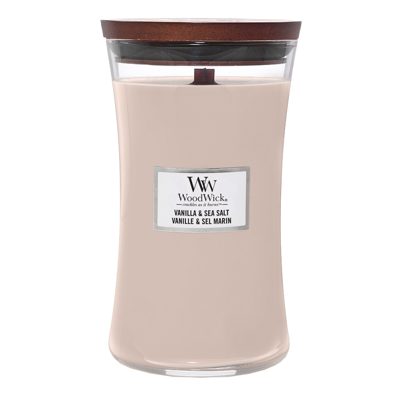 Woodwick Vanilla & Sea Salt vonná svíčka s dřevěným knotem 609.5 g