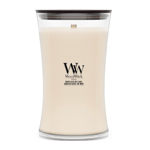 Woodwick Vanilla & Sea Salt vonná svíčka s dřevěným knotem 609.5 g