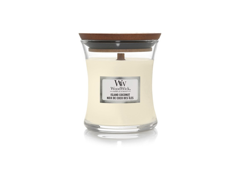 Woodwick Island Coconut vonná svíčka s dřevěným knotem 85 g