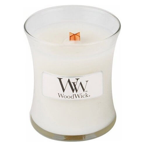 Woodwick Linen vonná svíčka s dřevěným knotem 85 g