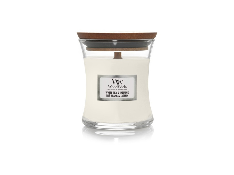 Woodwick White Tea & Jasmine vonná svíčka s dřevěným knotem 85 g
