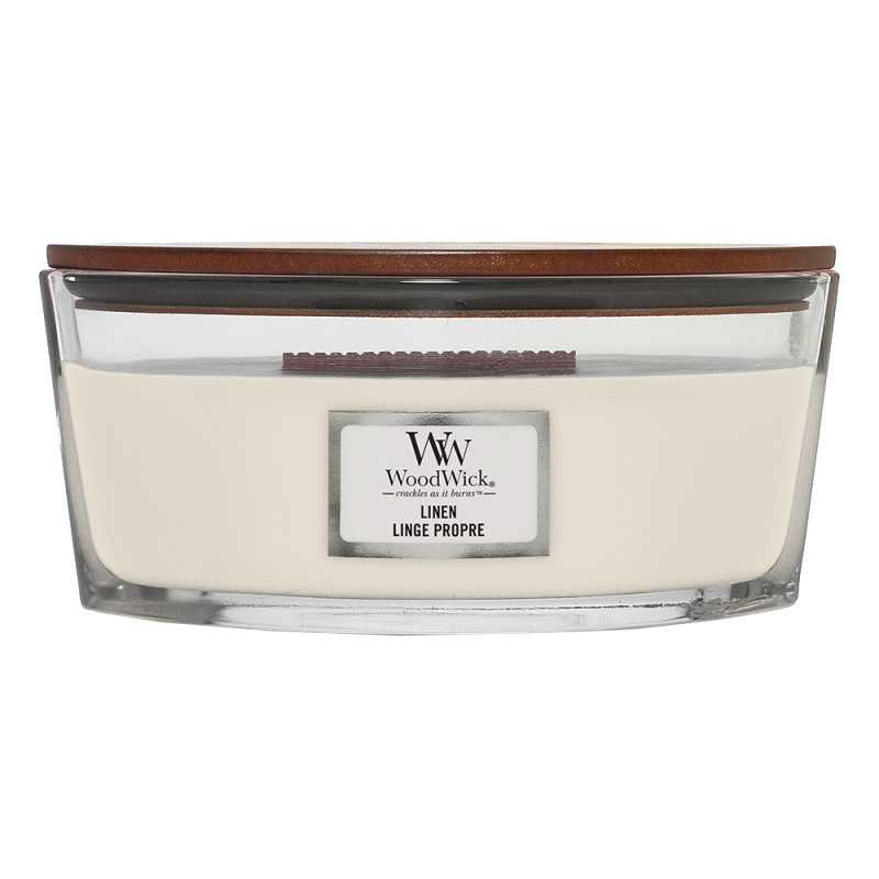 Woodwick Linen vonná svíčka s dřevěným knotem (hearthwick) 453.6 g