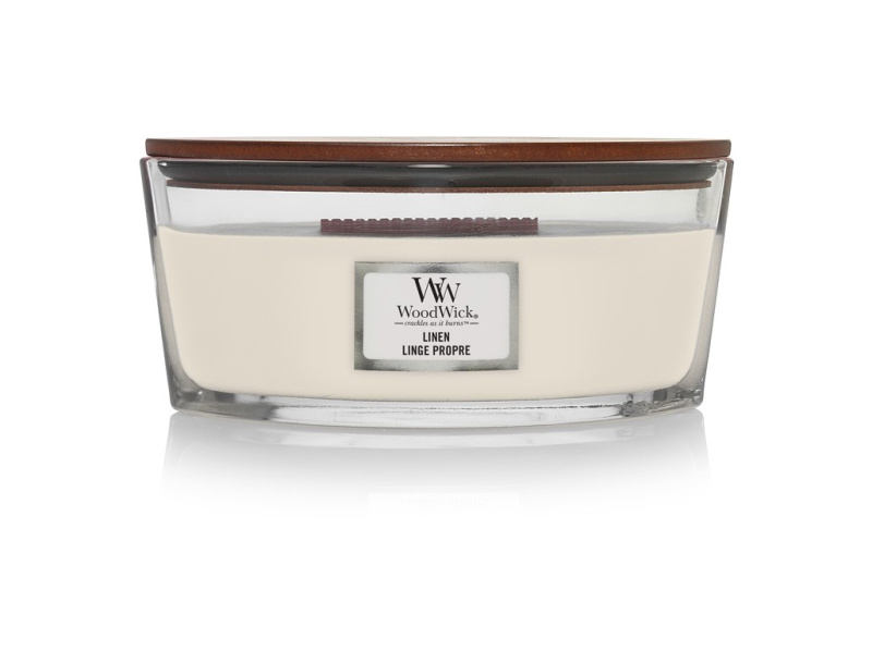 Woodwick Linen vonná svíčka s dřevěným knotem (hearthwick) 453.6 g