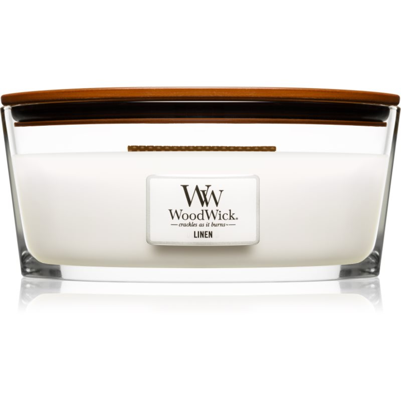Woodwick Linen vonná svíčka s dřevěným knotem (hearthwick) 453.6 g