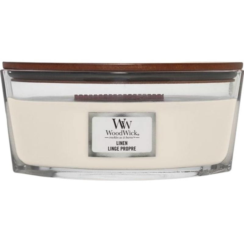 Woodwick Linen vonná svíčka s dřevěným knotem (hearthwick) 453.6 g