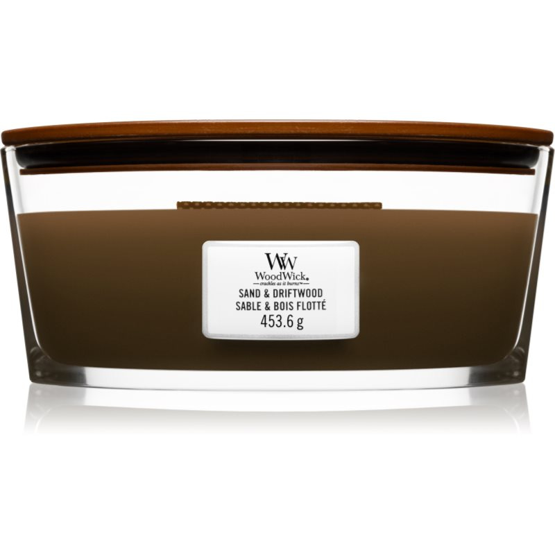 Woodwick Sand & Driftwood vonná svíčka s dřevěným knotem (hearthwick) 453 g