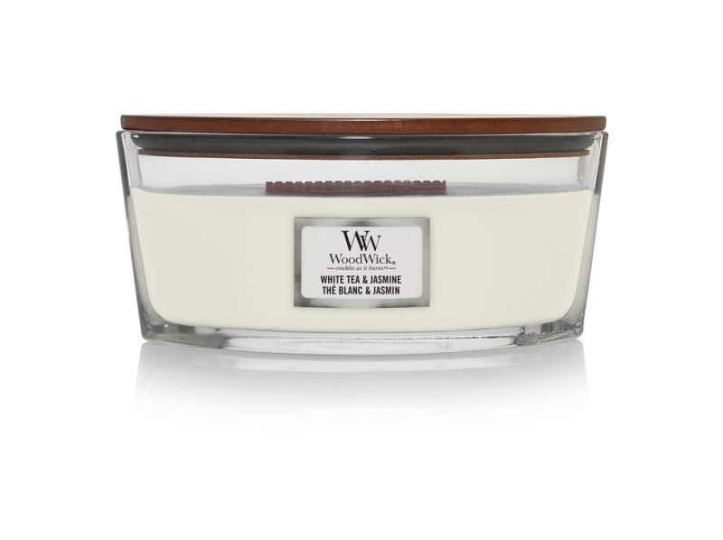 Woodwick White Tea & Jasmine vonná svíčka s dřevěným knotem (hearthwick) 453.6 g