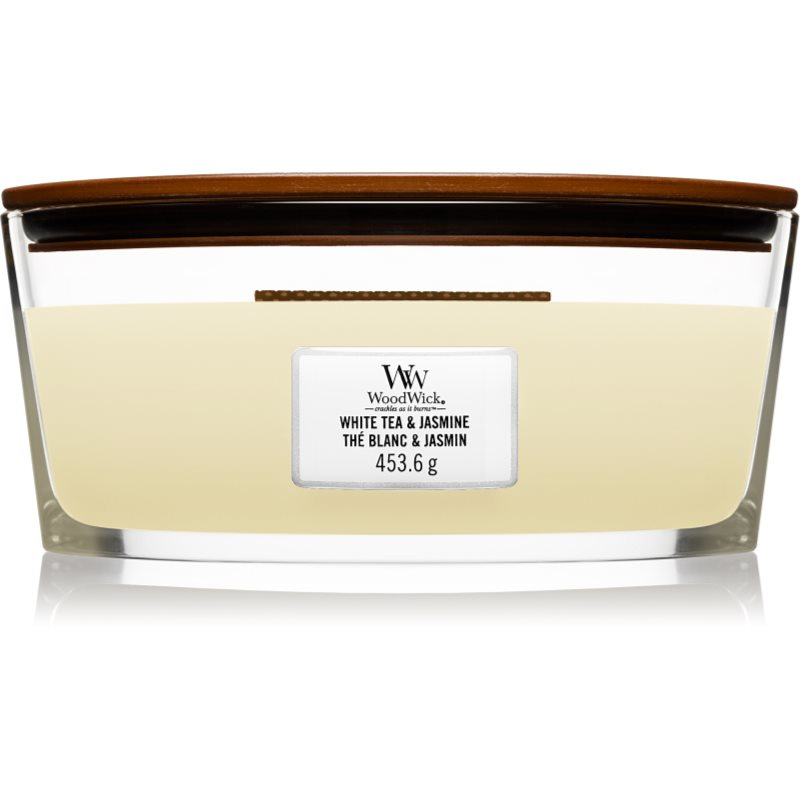 Woodwick White Tea & Jasmine vonná svíčka s dřevěným knotem (hearthwick) 453.6 g