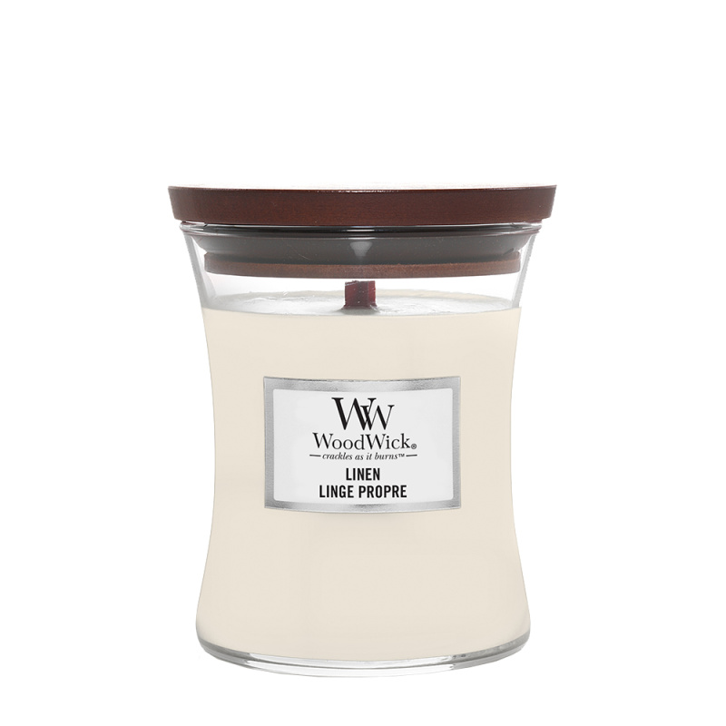 Woodwick Linen vonná svíčka s dřevěným knotem 275 g