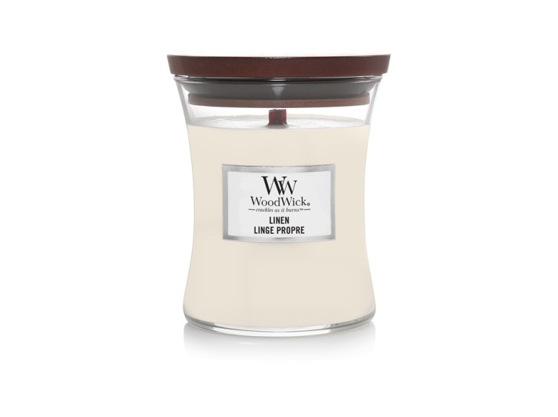Woodwick Linen vonná svíčka s dřevěným knotem 275 g
