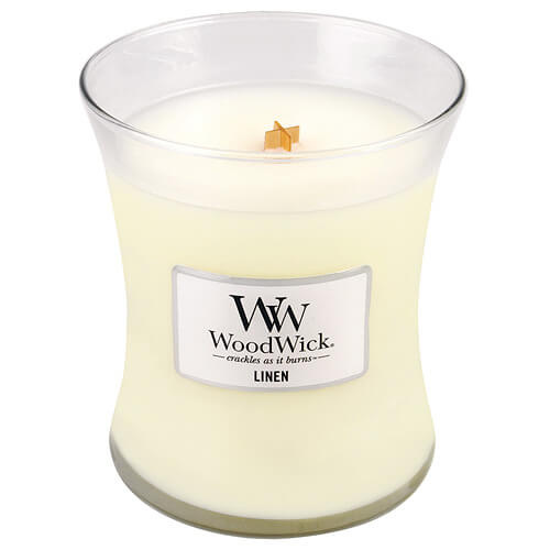 Woodwick Linen vonná svíčka s dřevěným knotem 275 g
