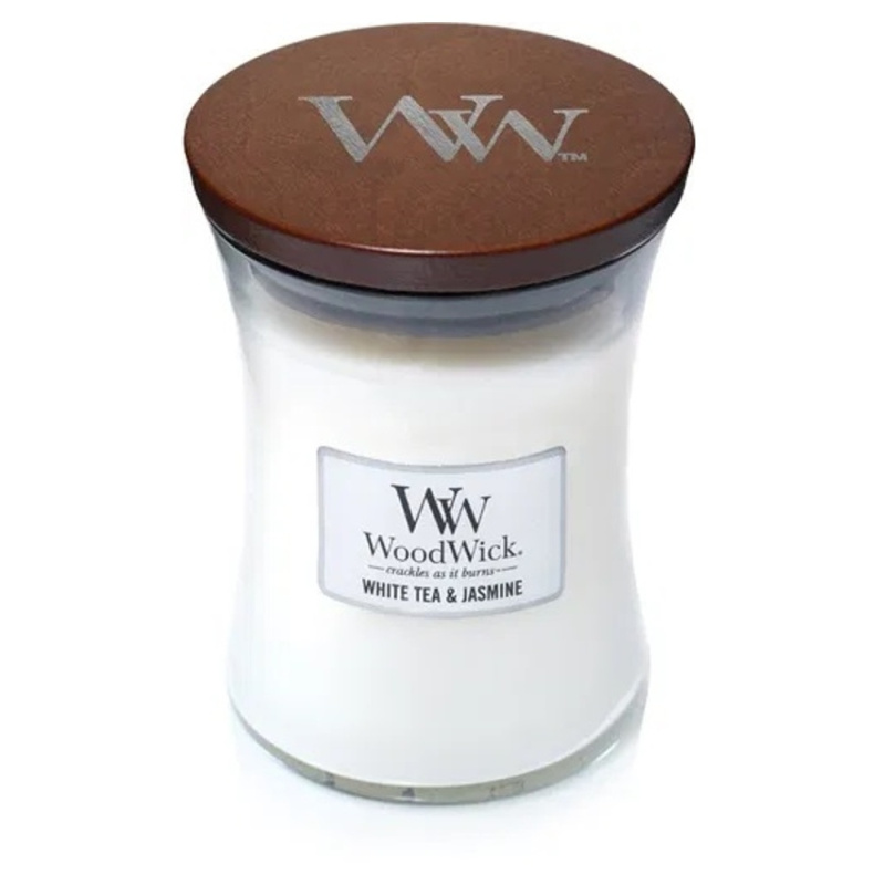 Woodwick White Tea & Jasmine vonná svíčka s dřevěným knotem 275 g