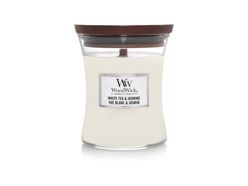Woodwick White Tea & Jasmine vonná svíčka s dřevěným knotem 275 g