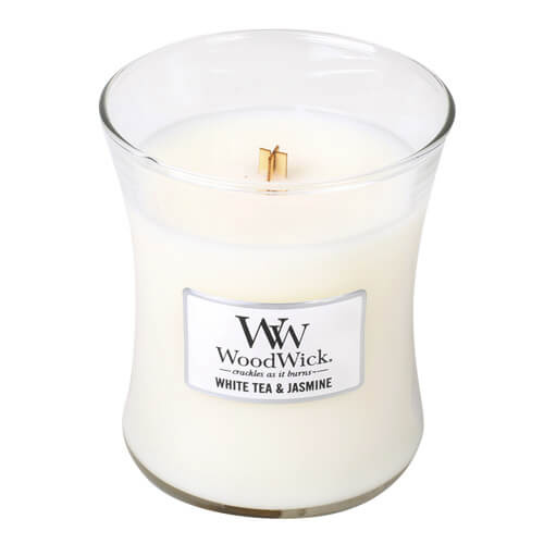 Woodwick White Tea & Jasmine vonná svíčka s dřevěným knotem 275 g