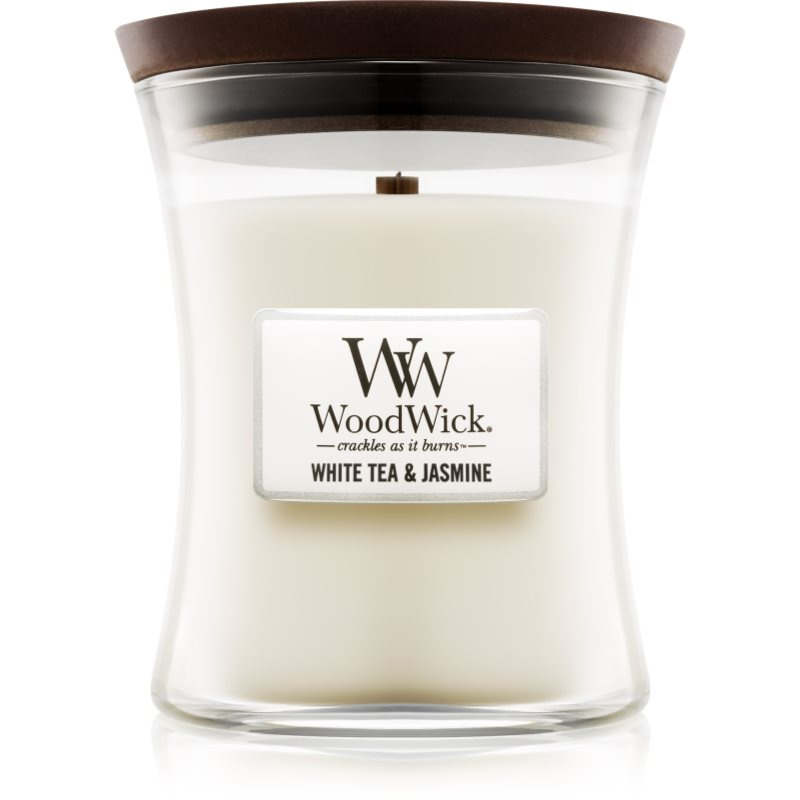 Woodwick White Tea & Jasmine vonná svíčka s dřevěným knotem 275 g