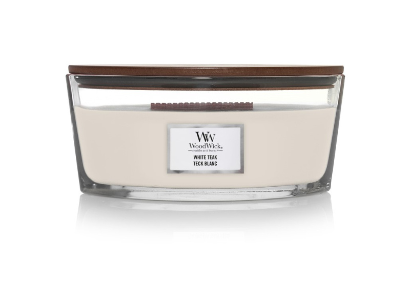 Woodwick White Teak vonná svíčka s dřevěným knotem (hearthwick) 453.6 g
