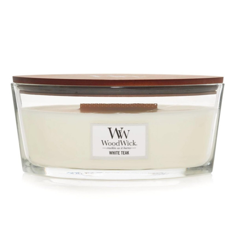 Woodwick White Teak vonná svíčka s dřevěným knotem (hearthwick) 453.6 g