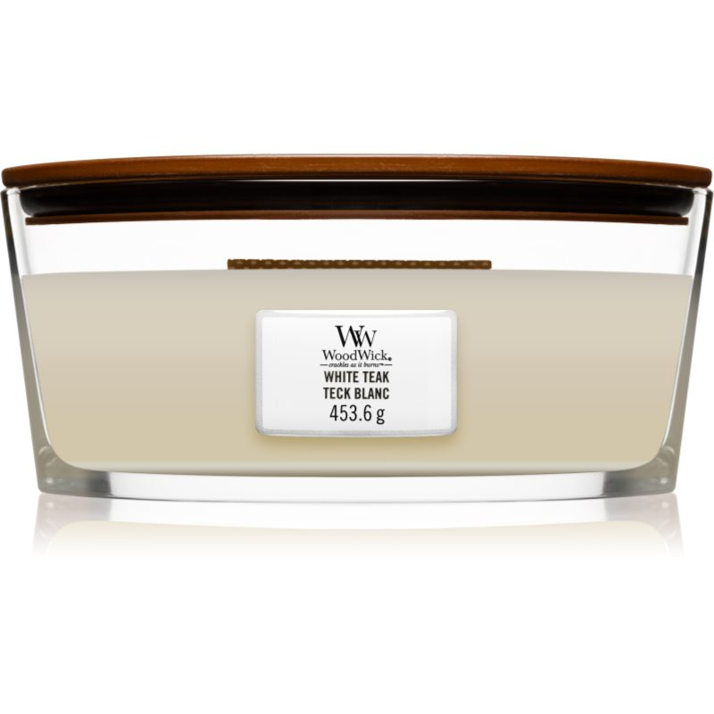 Woodwick White Teak vonná svíčka s dřevěným knotem (hearthwick) 453.6 g