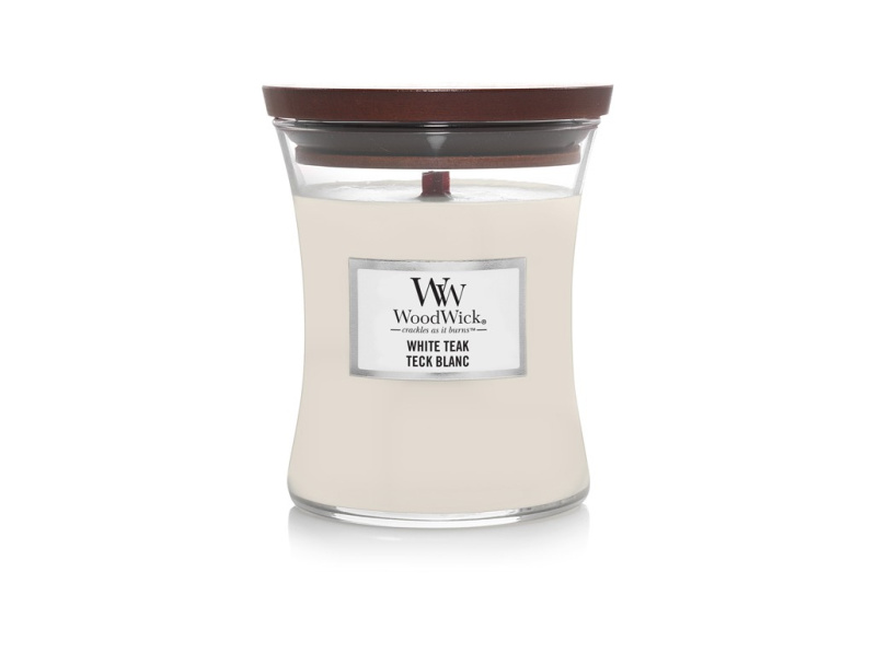 Woodwick White Teak vonná svíčka s dřevěným knotem 275 g
