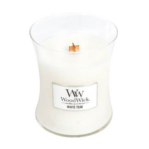 Woodwick White Teak vonná svíčka s dřevěným knotem 275 g