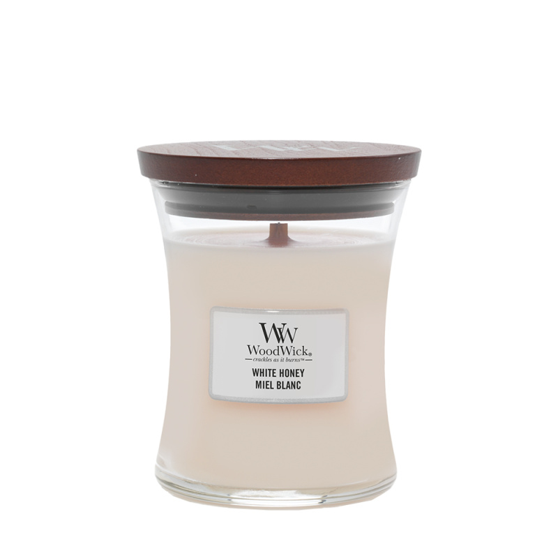 Woodwick White Honey Miel Blanc vonná svíčka s dřevěným knotem 275 g