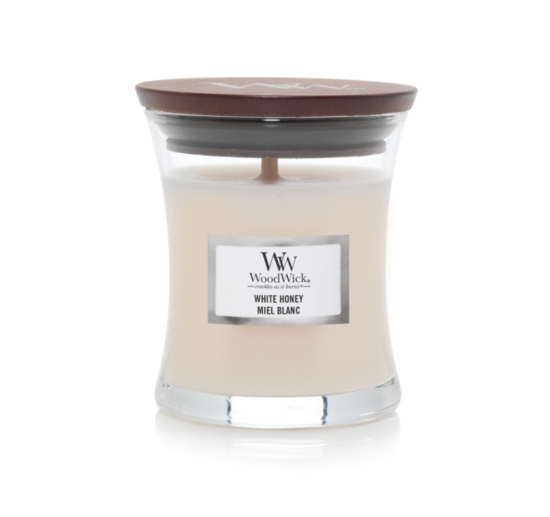 Woodwick White Honey Miel Blanc vonná svíčka s dřevěným knotem 85 g