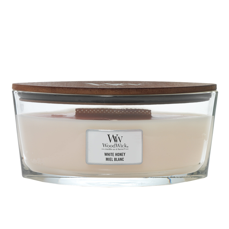 Woodwick White Honey vonná svíčka s dřevěným knotem (hearthwick) 453 g