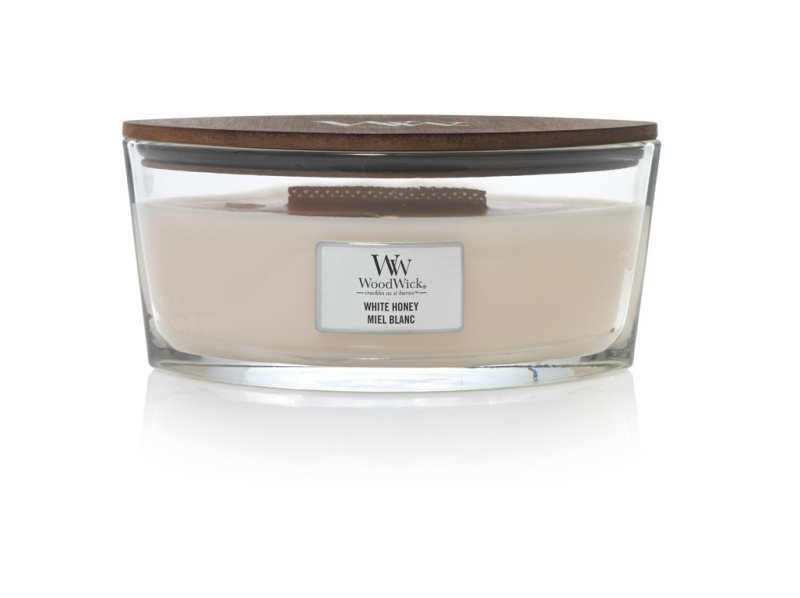 Woodwick White Honey vonná svíčka s dřevěným knotem (hearthwick) 453 g