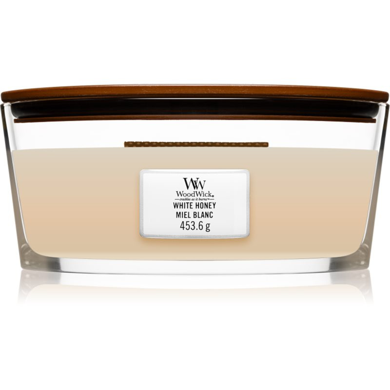 Woodwick White Honey vonná svíčka s dřevěným knotem (hearthwick) 453 g