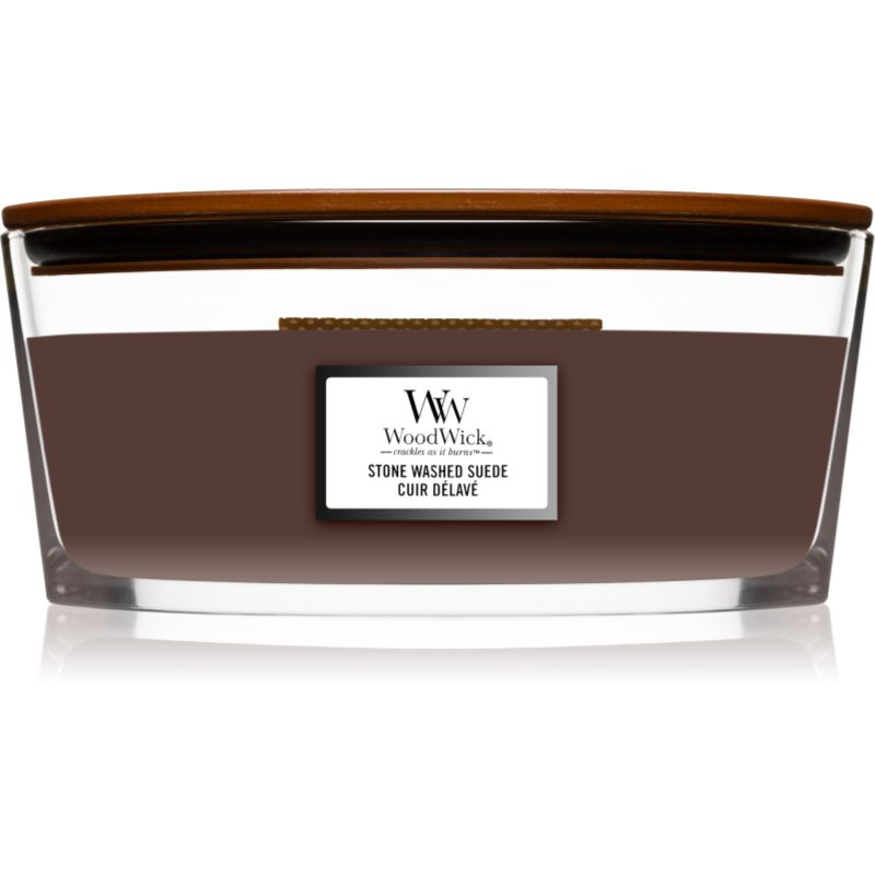 Woodwick Stone Washed Suede vonná svíčka s dřevěným knotem (hearthwick) 453 g