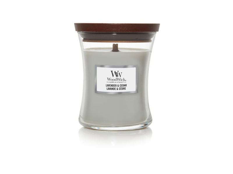 Woodwick Lavender & Cedar vonná svíčka s dřevěným knotem 275 g