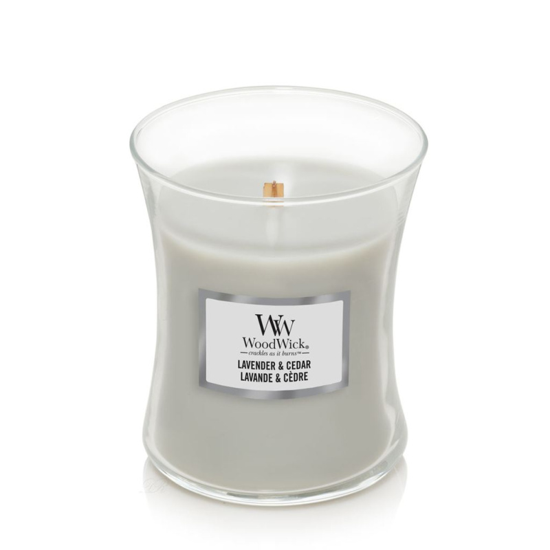 Woodwick Lavender & Cedar vonná svíčka s dřevěným knotem 275 g