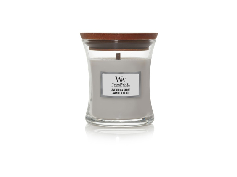 Woodwick Lavender & Cedar vonná svíčka s dřevěným knotem 85 g