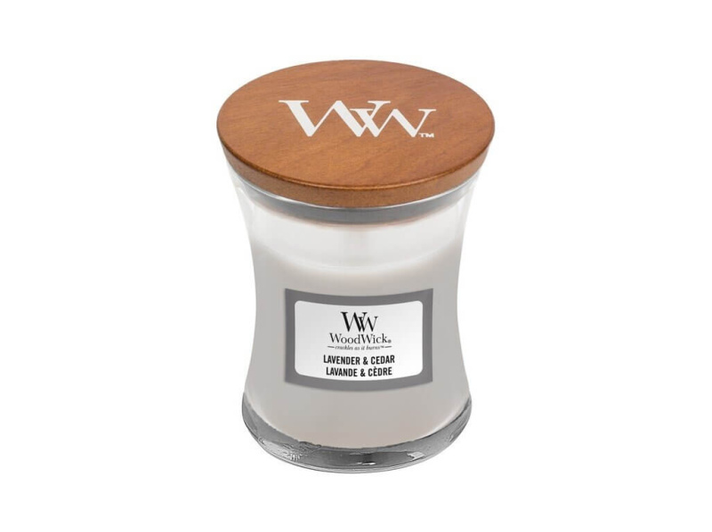 Woodwick Lavender & Cedar vonná svíčka s dřevěným knotem 85 g