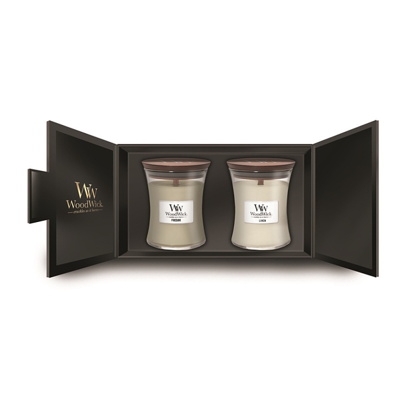 Woodwick Fireside & Linen dárková sada s dřevěným knotem (gift box)
