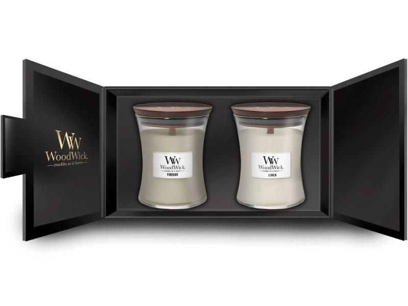 Woodwick Fireside & Linen dárková sada s dřevěným knotem (gift box)