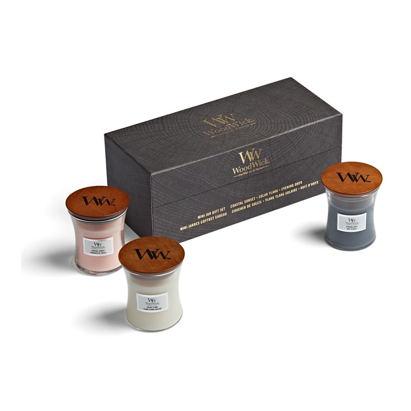 Woodwick Evening Onyx & Solar Ylang & Coastal Sunset dárková sada s dřevěným knotem (gift box) 1 ks