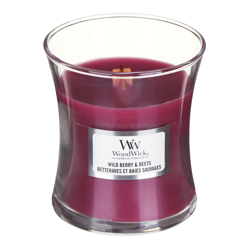 Woodwick Wild Berry & Beets vonná svíčka s dřevěným knotem 85 g