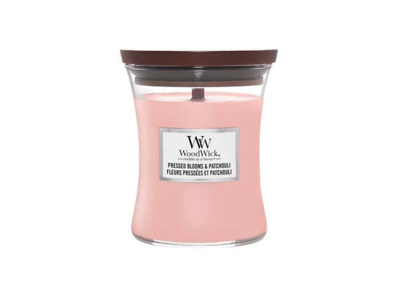 Woodwick Pressed Blooms & Patchouli vonná svíčka s dřevěným knotem 275 g