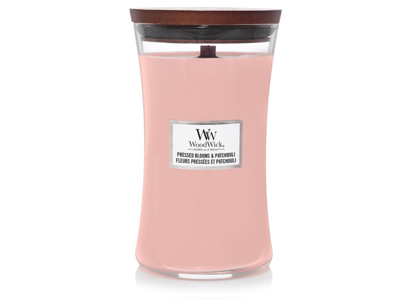 Woodwick Pressed Blooms & Patchouli vonná svíčka s dřevěným knotem 609.5 g