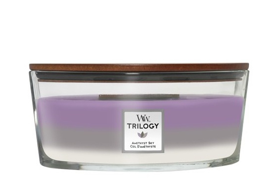 Woodwick Trilogy Amethyst Sky vonná svíčka s dřevěným knotem (hearthwick) 453,6 g