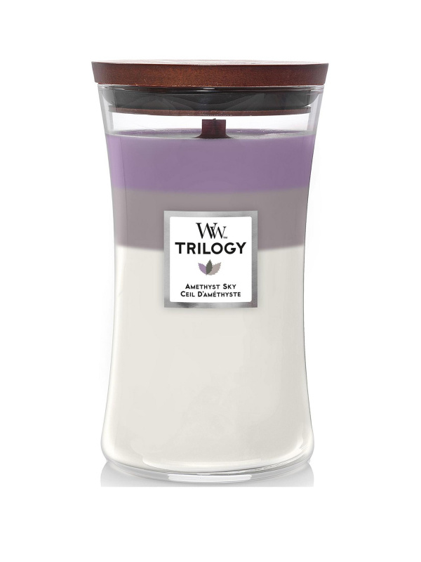 Woodwick Trilogy Amethyst Sky vonná svíčka s dřevěným knotem 609.5 g