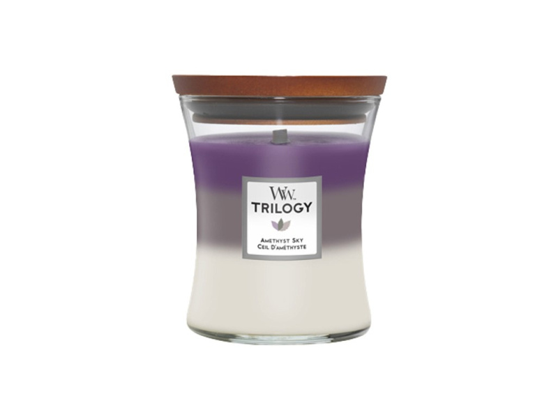 Woodwick Trilogy Amethyst Sky vonná svíčka s dřevěným knotem 275 g