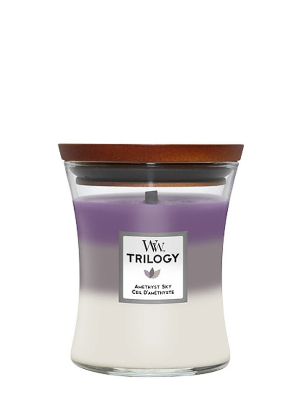 Woodwick Trilogy Amethyst Sky vonná svíčka s dřevěným knotem 275 g