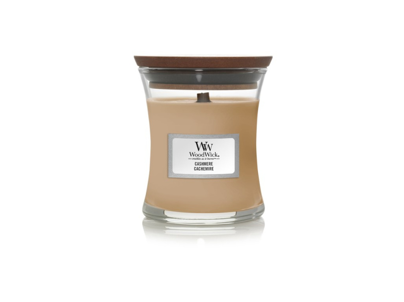 Woodwick Cashmere vonná svíčka s dřevěným knotem 85 g