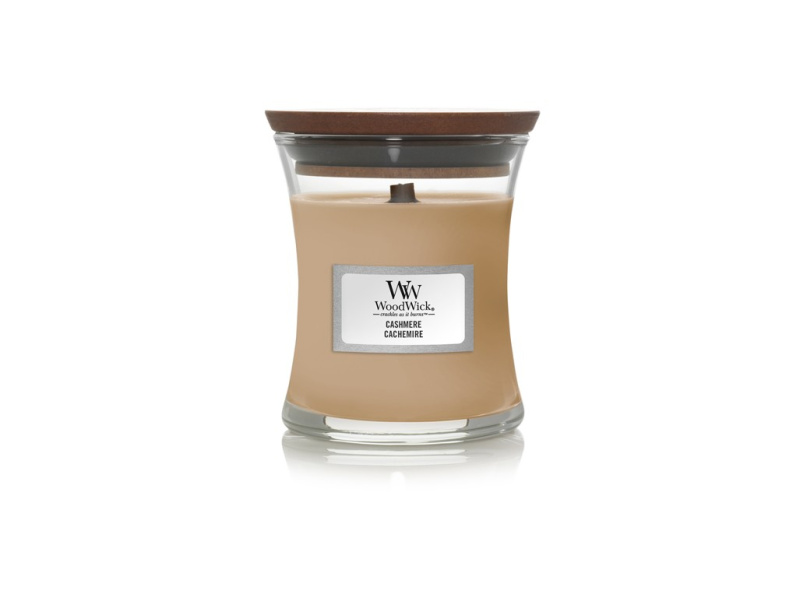 Woodwick Cashmere vonná svíčka s dřevěným knotem 85 g