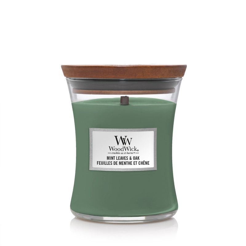 Woodwick Mint Leaves & Oak vonná svíčka s dřevěným knotem 275 g